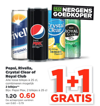 PLUS Pepsi, rivella, crystal clear of royal club aanbieding