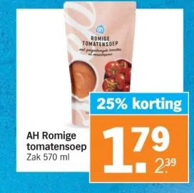 Albert Heijn Ah romige tomatensoep zak 570 ml aanbieding