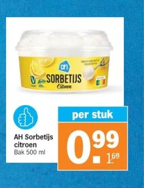 Albert Heijn Ah sorbetijs citroen bak 500 ml aanbieding