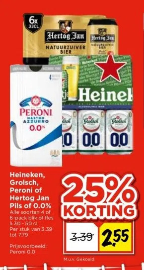 Vomar Voordeelmarkt Heineken, grolsch, peroni of hertog jan pils of 0.0% aanbieding