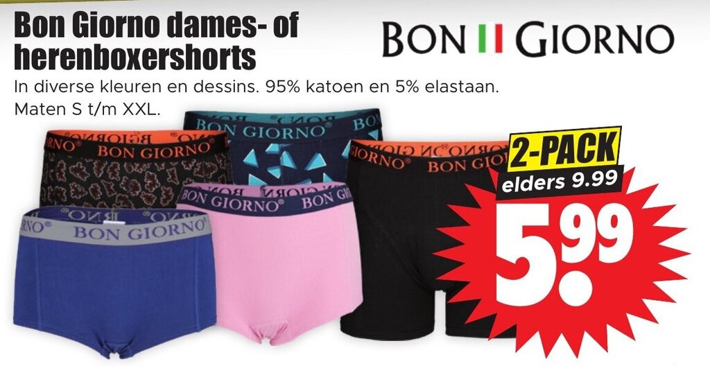 Bon Giorno dames of herenboxershorts aanbieding bij Dirk