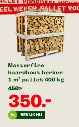 Welkoop Masterfire haardhout berken 1 m³ pallet 400 kg aanbieding