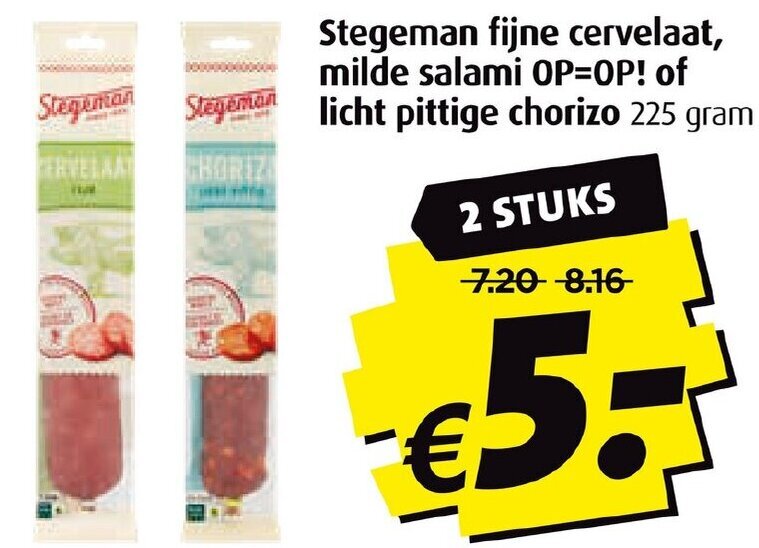 Stegeman fijne cervelaat, milde salami of licht pittige chorizo 225