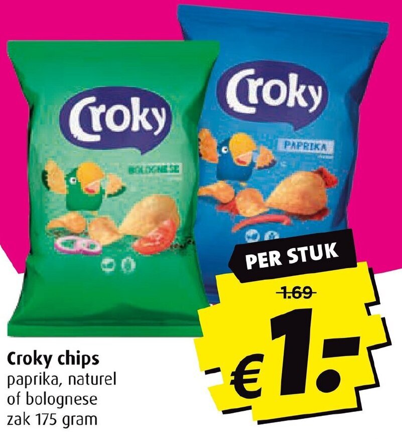 Croky chips paprika, naturel of bolognese zak 175 gram aanbieding bij Boni