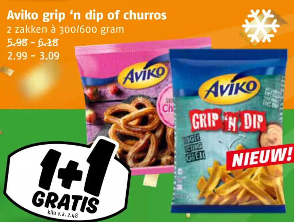 Aviko grip 'n dip of churros aanbieding bij Poiesz