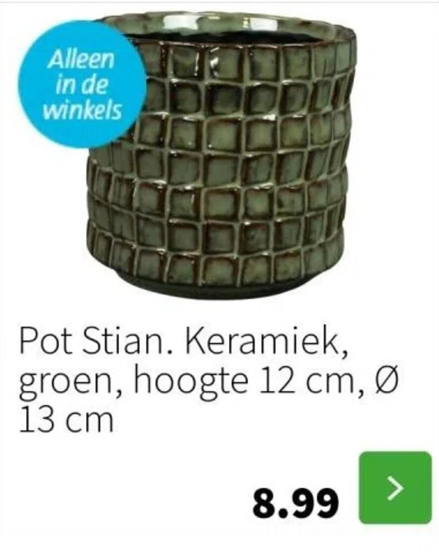 Pot Stian. Keramiek, groen, hoogte 12 cm, Ø 13 cm aanbieding bij Intratuin
