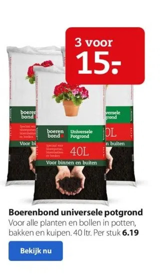 Boerenbond Boerenbond universele potgrond voor alle planten en bollen in potten, bakken en kuipen. 40 ltr. per stuk 6.19 aanbieding