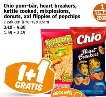 Poiesz Chio pom-bär, heart breakers, kettle cooked, mixplosions, donuts, xxl flippies of popchips 2 zakken à 70-150 gram aanbieding