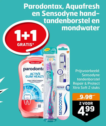 Trekpleister Parodontax, aquafresh en sensodyne hand- tandenborstel en mondwater aanbieding