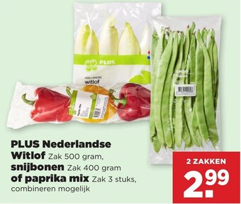 Plus Vandaag PLUS Nederlandse Witlof Zak 500 gram, snijbonen Zak 400 gram of paprika mix Zak 3 stuks, aanbieding