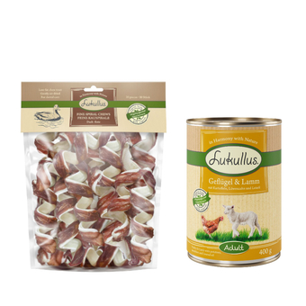 Zooplus Lukullus kauwspiralen 20 stuks (750 g) + 6 x 400 g natvoer gratis! - eend 20 x 10 cm (750 g) + gevogelte & lam 6 x 400 g aanbieding