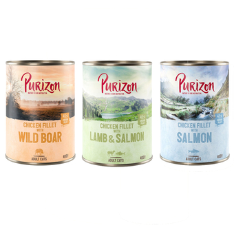 Zooplus Purizon adult 12 x 400 g graanvrij kattenvoer - mixpakket (4 x zalm, 4 x wild zwijn, 4 x lam) aanbieding