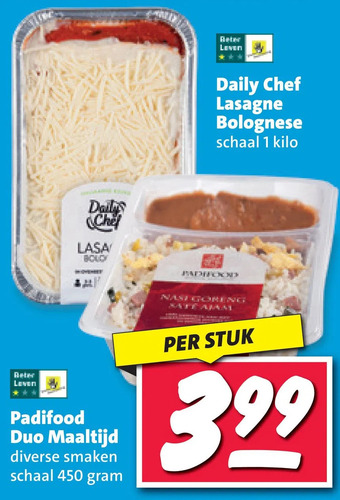 Nettorama Padifood duo maaltijd, daily chef lasagne bolognese aanbieding