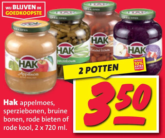 Nettorama Hak appelmoes, sperziebonen, bruine bonen, rode bieten of rode kool, 2 x 720 ml aanbieding