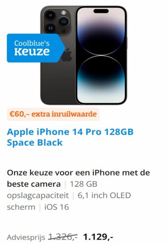 Coolblue Apple iPhone 14 Pro 128GB Space Black aanbieding