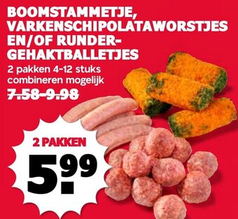 De Boerenschuur BOOMSTAMMETJE, VARKENSCHIPOLATAWORSTJES EN OF RUNDERGEHAKTBALLETJES aanbieding