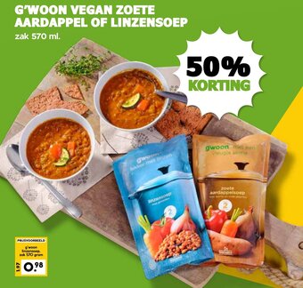 De Boerenschuur G'WOON VEGAN ZOETE AARDAPPEL OF LINZENSOEP  570ml aanbieding