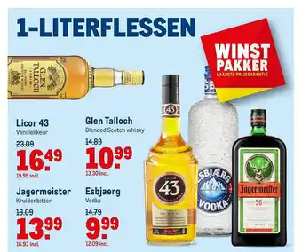 Makro Licor 43 Vanillelikeur, Jagermeister Kruidenbitter, Glen Talloch Blended Scotch Whisky Of Esbjaerg Vodka aanbieding