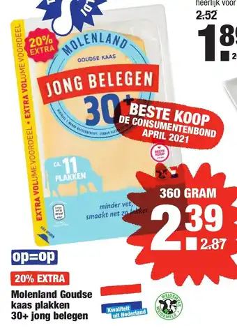 ALDI Molenland Goudse kaas 30+ plakken jong belegen 360g aanbieding