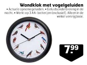 Trekpleister Wandklok met vogelgeluiden aanbieding