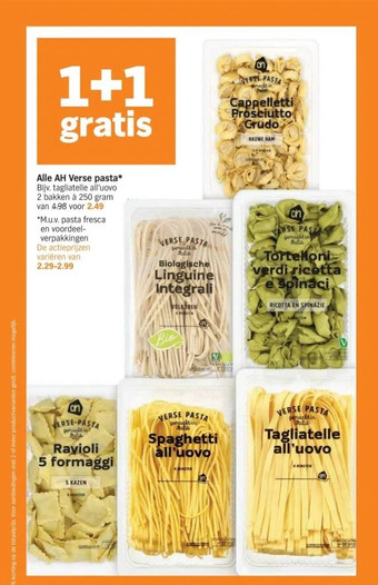 Albert Heijn Alle ah verse pasta* bijv. tagliatelle all'uovo 2 bakken à 250 gram van 4.98 voor 2.49 *m.u.v. pasta fresca en voordeelverpak aanbieding