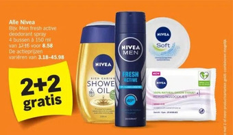 Albert Heijn Alle nivea bijv. men fresh active deodorant spray 4 bussen à 150 ml van 1716 voor 8.58 de actieprijzen variëren van 3.18-45.9 aanbieding