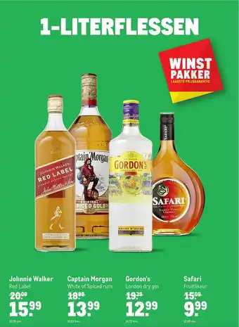 Makro Johnnie Walker Red Label, Captain Morgan White Of Spiced Rum, Gordon's London Dry Gin Of Safari Fruitlikeur aanbieding