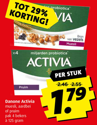 Boni Danone Activia muesli, aardbei of pruim pak 4 bekers à 125 gram aanbieding