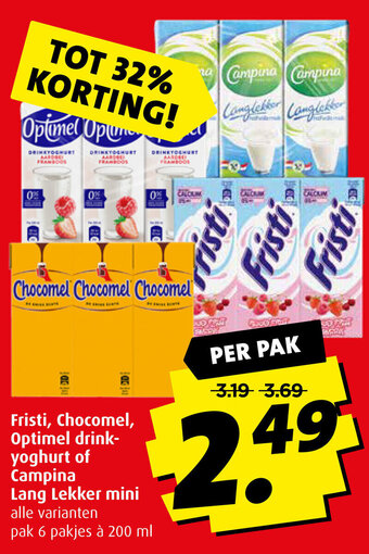 Boni Fristi, Chocomel, Optimel drink-yoghurt of Campina Lang Lekker mini aanbieding