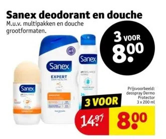 Kruidvat Sanex deodorant en douche m.u.v. multipakken en douche grootformaten aanbieding