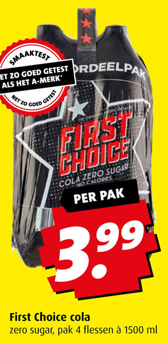 Boni First Choice cola zero sugar, pak 4 flessen à 1500 ml aanbieding