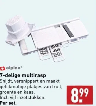 ALDI 7-delige multirasp snijdt, versnippert en maakt gelijkmatige plakjes van fruit, groente en kaas. incl. vijf inzetstukken. per aanbieding