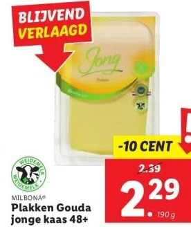 Lidl Milbonaⓡ plakken gouda jonge kaas 48+ aanbieding