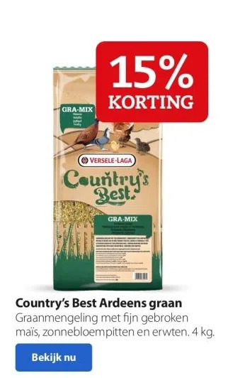 Pets Place Country's best ardeens graan graanmengeling met fijn gebroken maïs, zonnebloempitten en erwten. 4 kg aanbieding