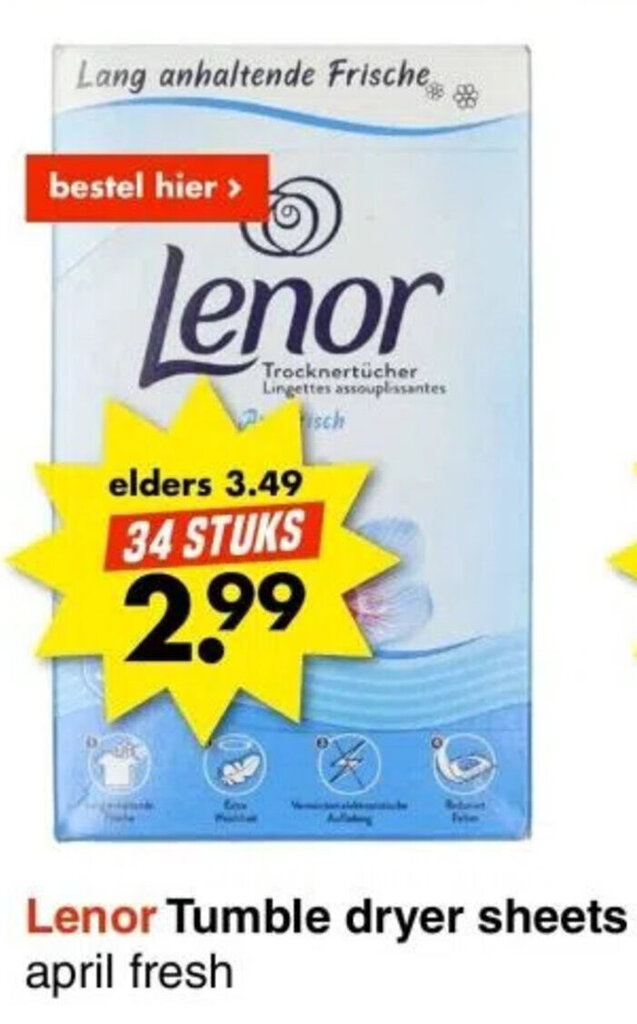 Lenor tumble dryer sheets aanbieding bij Wibra
