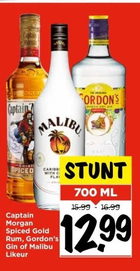 Vomar Voordeelmarkt Captain morgan spiced gold rum, gordon's gin of malibu likeur aanbieding