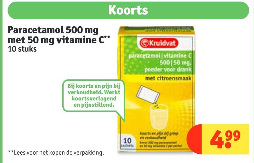 Paracetamol 500 mg met 50 mg vitamine C** 10 stuks aanbieding bij Kruidvat