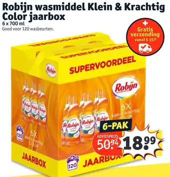 Kruidvat Robijn wasmiddel Klein & Krachtig Color jaarbox 6x700 ml aanbieding