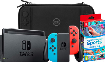 Coolblue Nintendo switch rood/blauw + nintendo switch sports + bluebuilt beschermhoes aanbieding