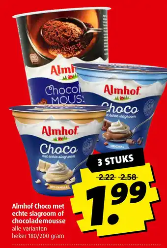 Boni Almhof Choco met echte slagroom of chocolademousse 180/200 gram aanbieding