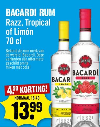 Dirck 3 BACARDI RUM Razz, Tropical of Limón 70 cl aanbieding