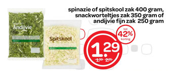 Spar spinazie of spitskool zak 400 gram, snackworteltjes zak 350 gram of andijvie fijn zak 250 gram aanbieding