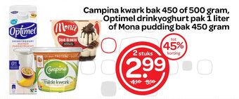 Spar Campina kwark bak 450 of 500 gram, Optimel drinkyoghurt pak 1 liter of Mona pudding bak 450 gram aanbieding