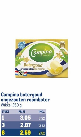 Makro Campina botergoud ongezouten roomboter 250g aanbieding