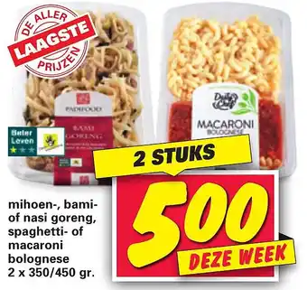 Nettorama Mihoen-, bami- of nasi goreng, spaghetti- of macaroni bolognese 2x350/450 gram aanbieding