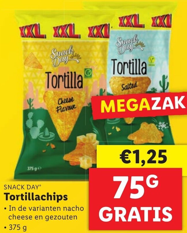 SNACK DAY Tortillachips 375g 75g GRATIS aanbieding bij Lidl
