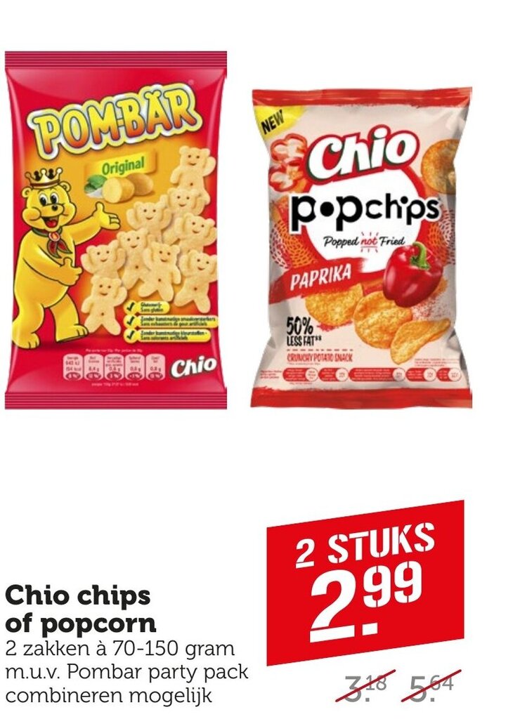 Chio chips of popcorn 2 zakken à 70150 gram aanbieding bij Coop