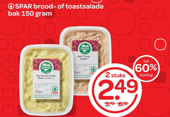 Spar Spar brood- of toastsalade bak 150 gram aanbieding