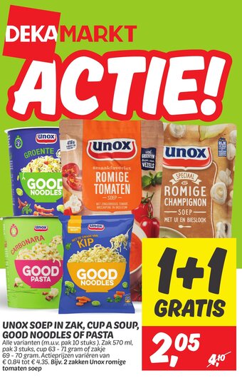 Dekamarkt UNOX SOEP IN ZAK, CUP A SOUP, GOOD NOODLES OF PASTA aanbieding