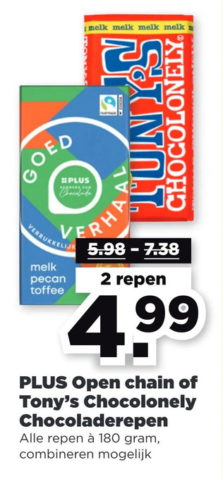 PLUS Plus open chain of tony's chocolonely chocoladerepen aanbieding